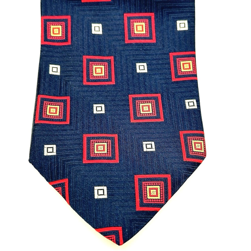 Hart Schaffner Marx 100% Silk Hand Tailored Mens Necktie Blue Red Square 4W 58L
